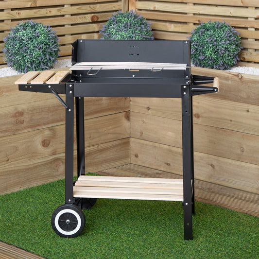 82 x 29cm Charcoal BBQ Grill Trolley with Shelves on Wheels