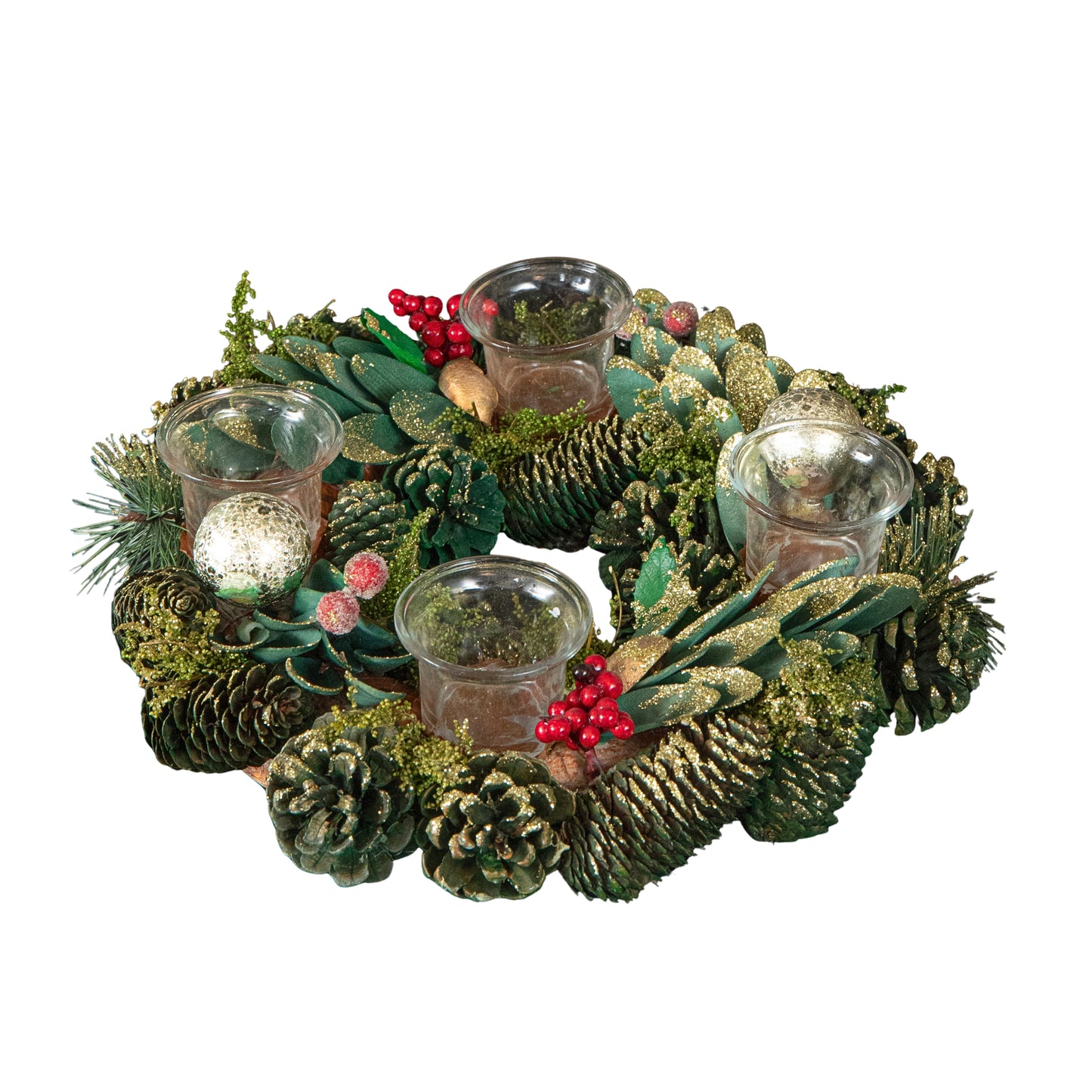33cm Christmas Bauble Quartet Candle Holder with Pinecones and Red Berries