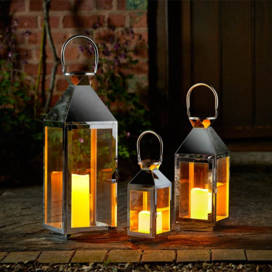 Set of 3 Large Indoor Outdoor Stockholm Stainless Steel Lantern Trio 