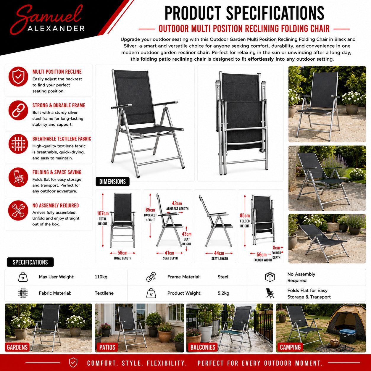 Outdoor Garden Patio Multi Position Reclining Folding Chair in Black and Silver