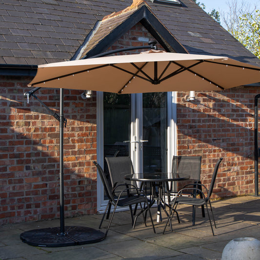 Outdoor 4 Person Round Glass Top Garden Dining Table Chairs With Beige Banana Lit Parasol and Base