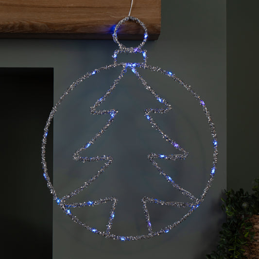 49cm Battery Powered Light up Christmas Silver Tree Ball with Twinkling Blue LEDs