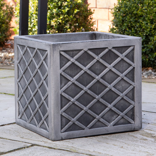 30cm Small Square Plastic Pewter Effect Grey Garden Patio Planter