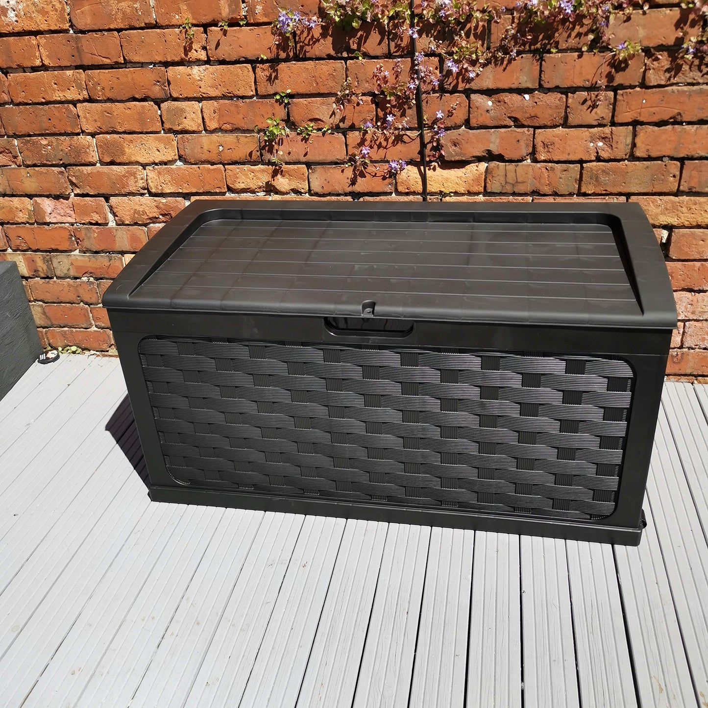 Factory Seconds: 335 Litre Rattan Style Garden Cushion Storage Box with Sit on Lid – Black