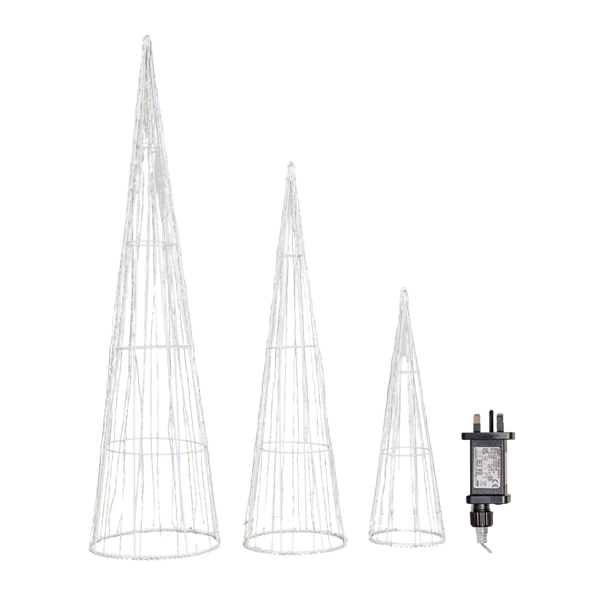 Set of 3 Light up White Metal Dewdrop Christmas Cone Trees with Warm White LEDs