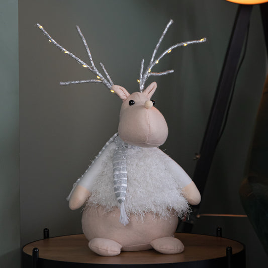 52cm Battery Operated Plush White Christmas Reindeer with LED Lit Antlers