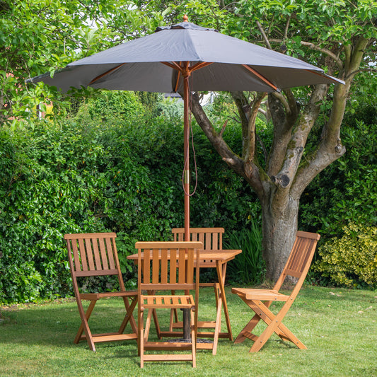 Outdoor 4 Person Folding Square Wooden Garden Dining Table Chairs Grey Parasol and Base Set