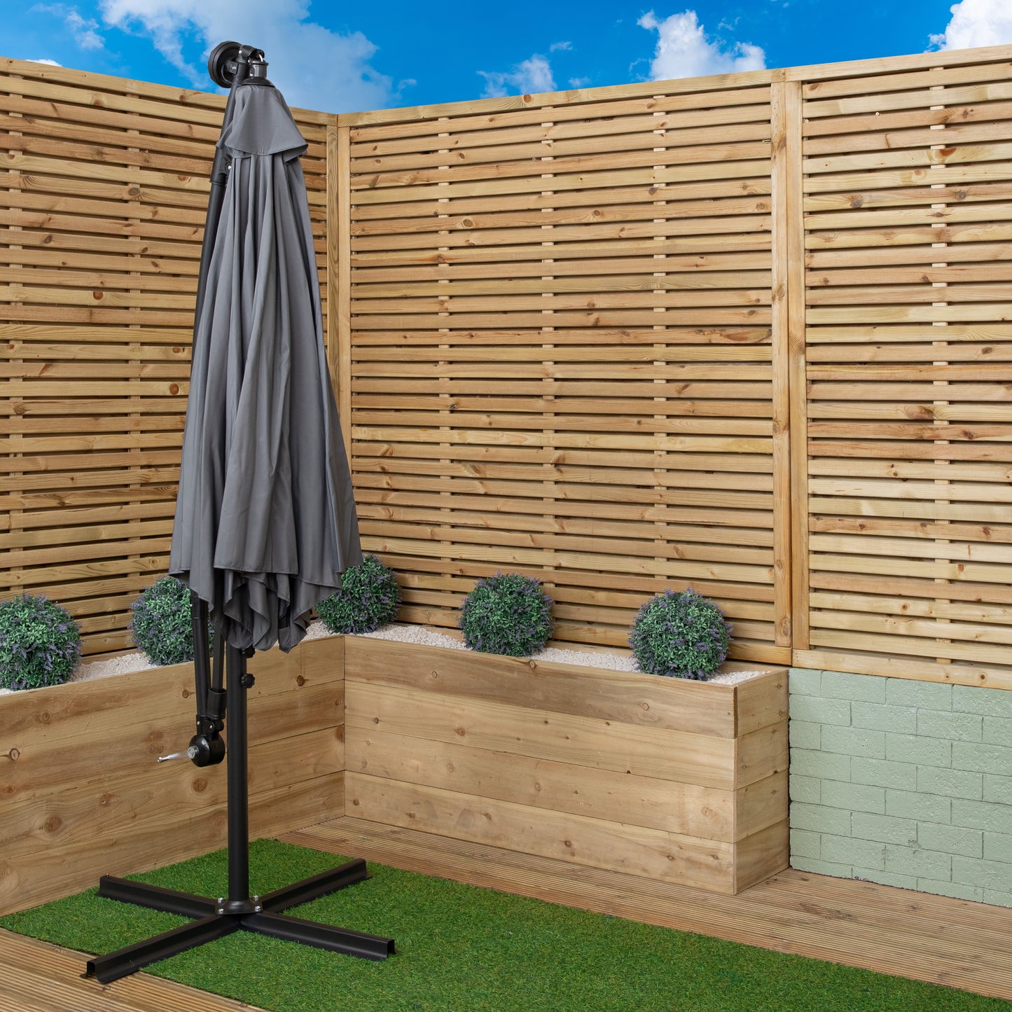 Samuel Alexander 3m Solar Powered Cantilever Lit Garden Parasol with Crank Handle & White LED Lights in Grey