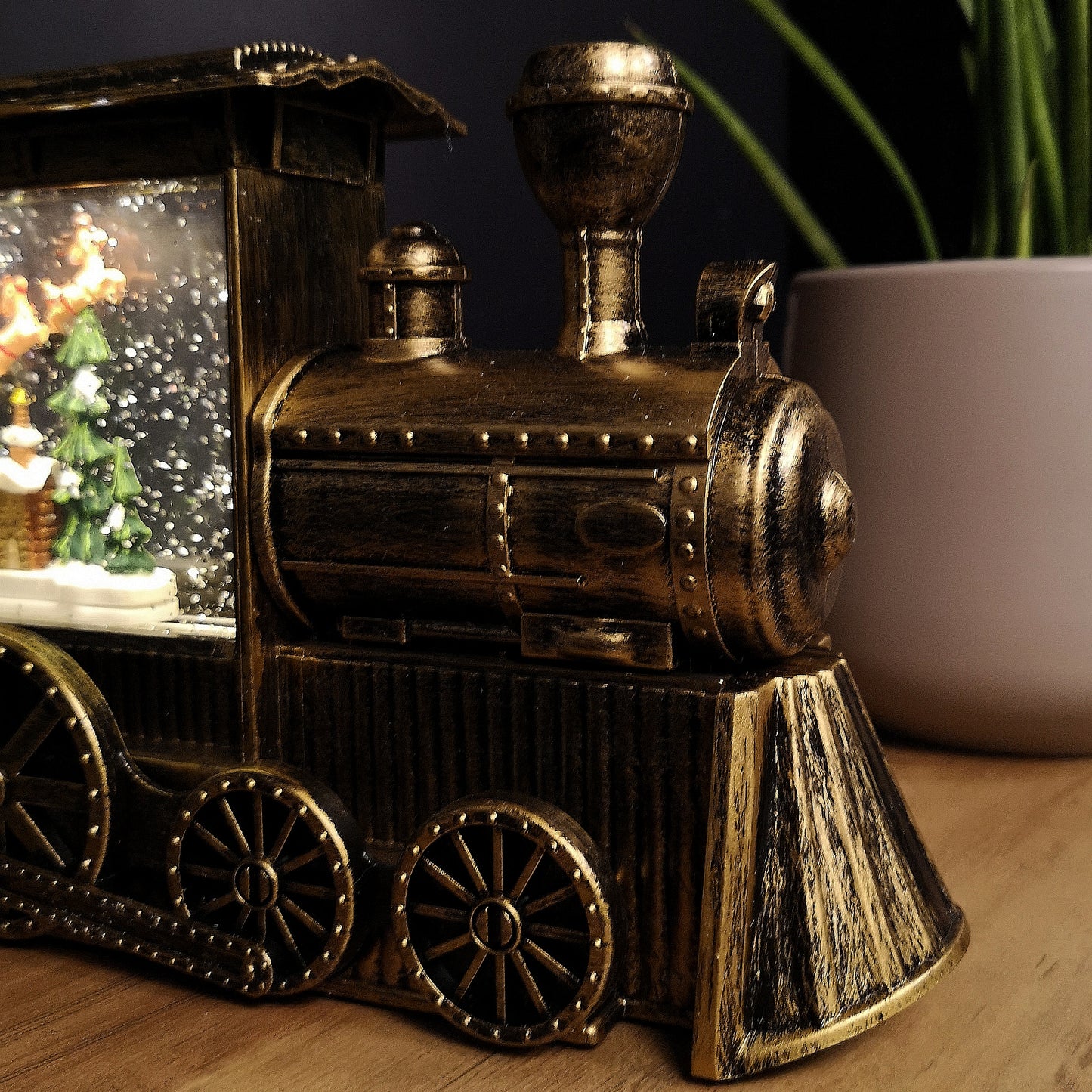 29cm Dual Powered Light up Gold Christmas Train Water Spinner with Santa Scene