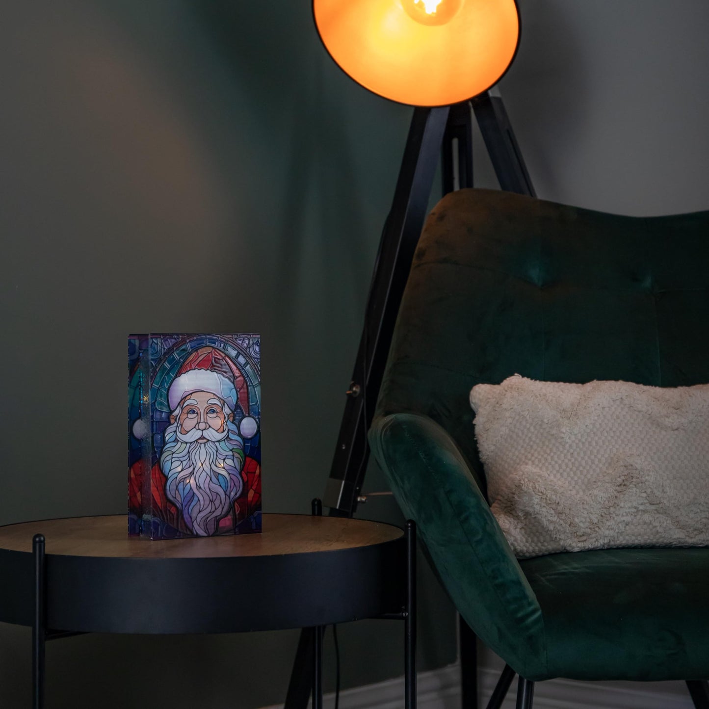 21cm Battery Operated Light up Double Sided Stained Glass Santa Decoration with LEDs