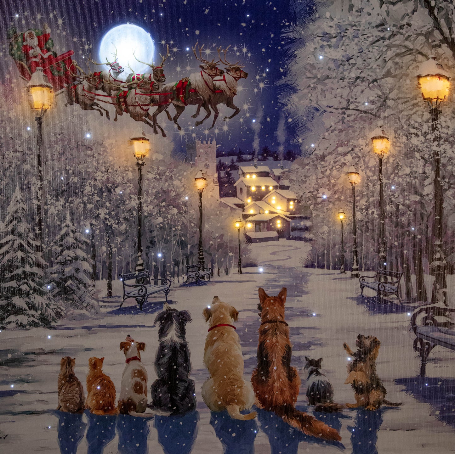 40 x 60cm Battery Operated Light up Christmas Canvas with Cats and Dogs Scene