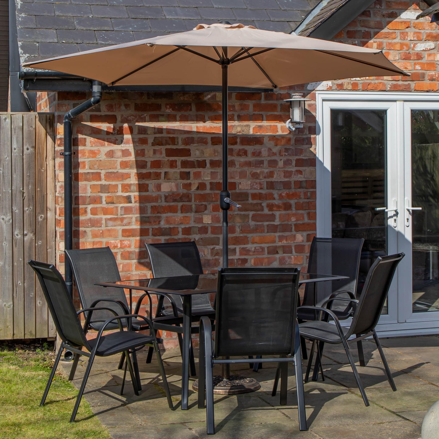 Outdoor 6 Person Rectangular Glass Top Garden Patio Dining Table Chairs With Beige Parasol and Base Set