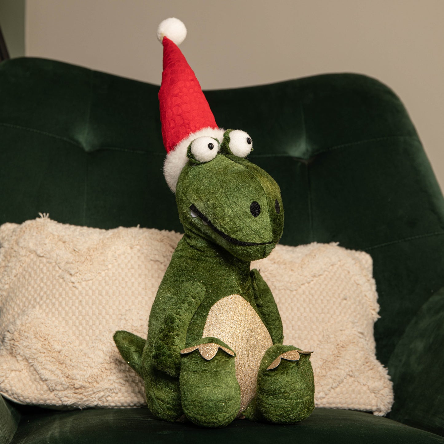 48cm Green Sitting Christmas Dinosaur with Santa Hat
