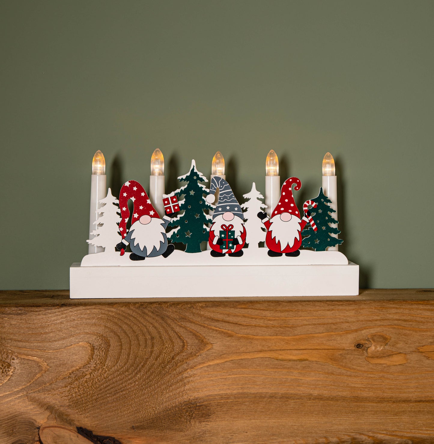 28cm Battery Operated Light up White Wooden Christmas Candle Bridge with Gonk Scene and 5 LEDs