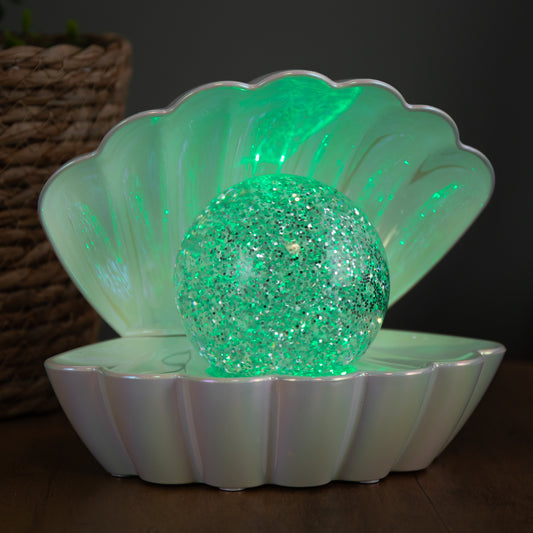 18cm Dual Powered Clam Shell Christmas Water Spinner with Colour Changing LEDs in Pearl