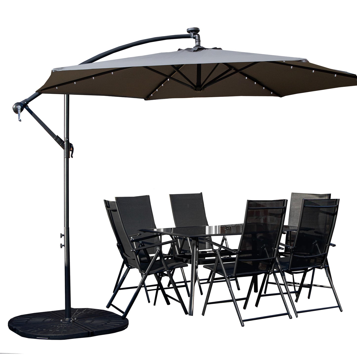 Outdoor 6 Person Rectangular Glass Top Garden Dining Table Chairs With Grey Banana Lit Parasol and Base Set