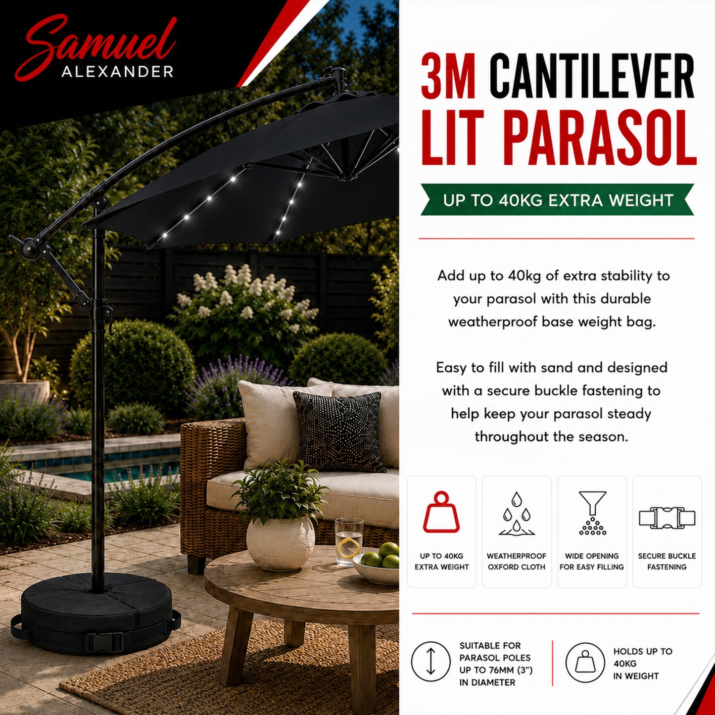 3m Solar Powered Cantilever Lit Banana Garden Parasol with Crank Handle & White LED Lights in Black with Base Bag Included