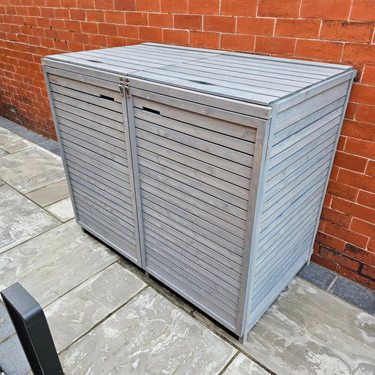 Factory Seconds 1.35m x 1.14m Large Grey Wooden Outdoor Garden Double Wheelie Bin Store Storage for 2 Bins