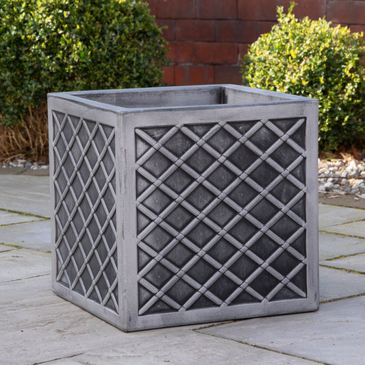 39cm Large Square Plastic Pewter Effect Grey Garden Patio Planter