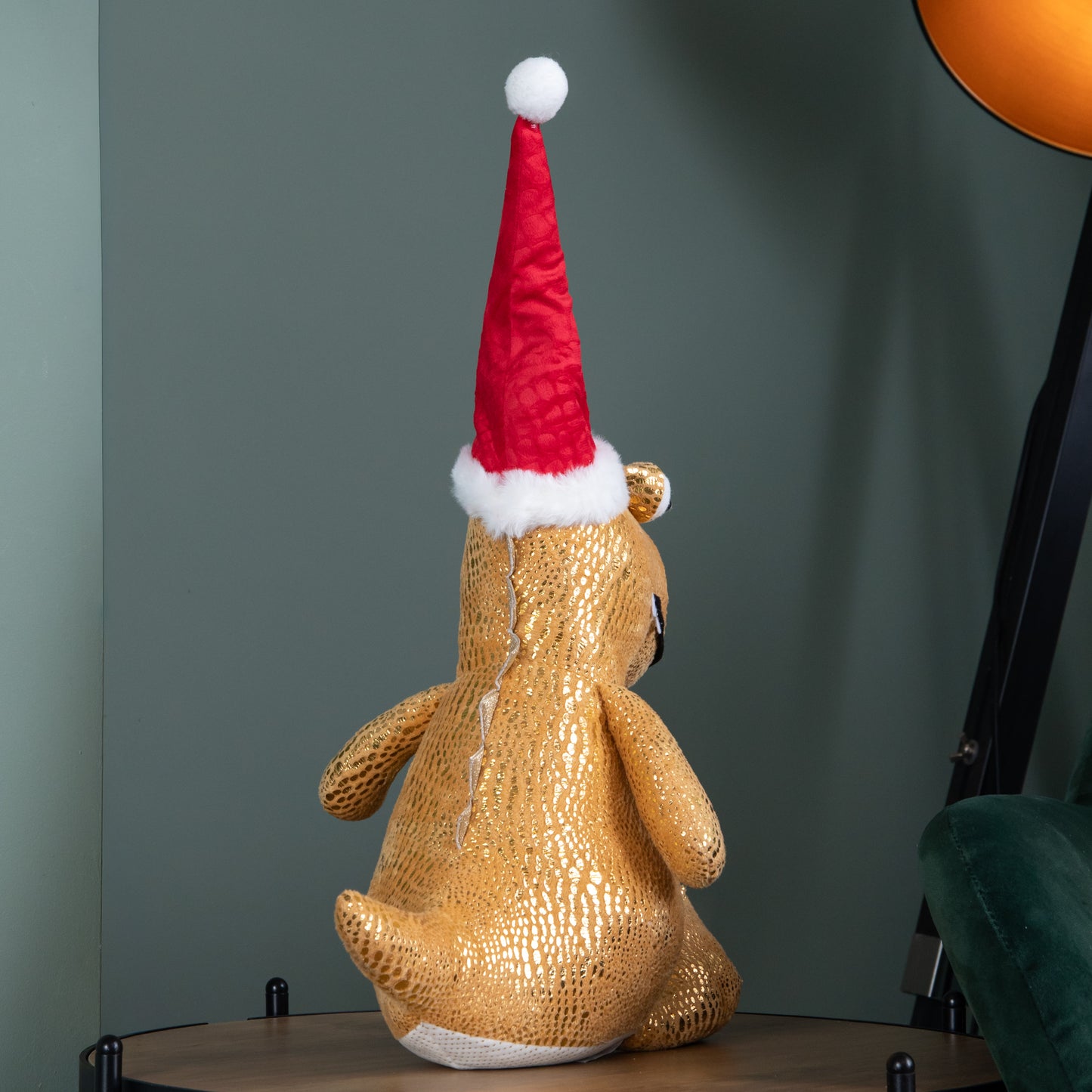 60cm Tall Gold Plush Zilla Dino Standing Christmas Decoration with Santa Hat