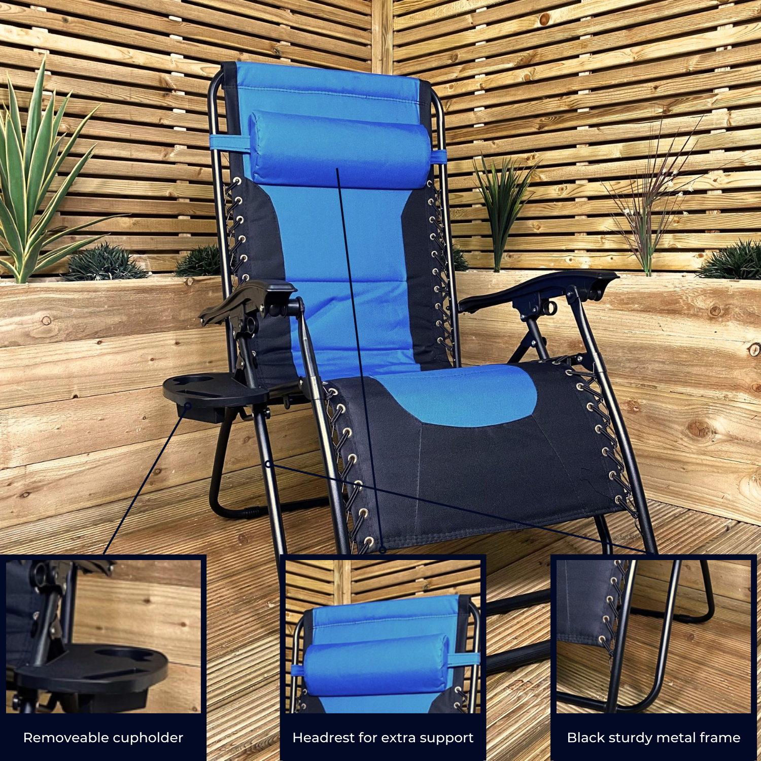 Luxury Padded Multi Position Zero Gravity Garden Relaxer Chair Lounger in Blue & Black
