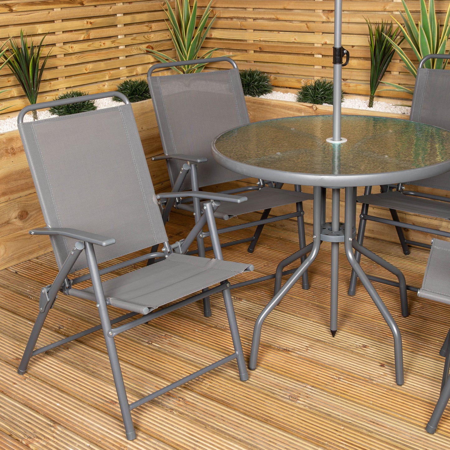 Factory Seconds: Samuel Alexander Outdoor 4 Seater Round Glass Top Table and Chairs Patio Set with Parasol in Grey