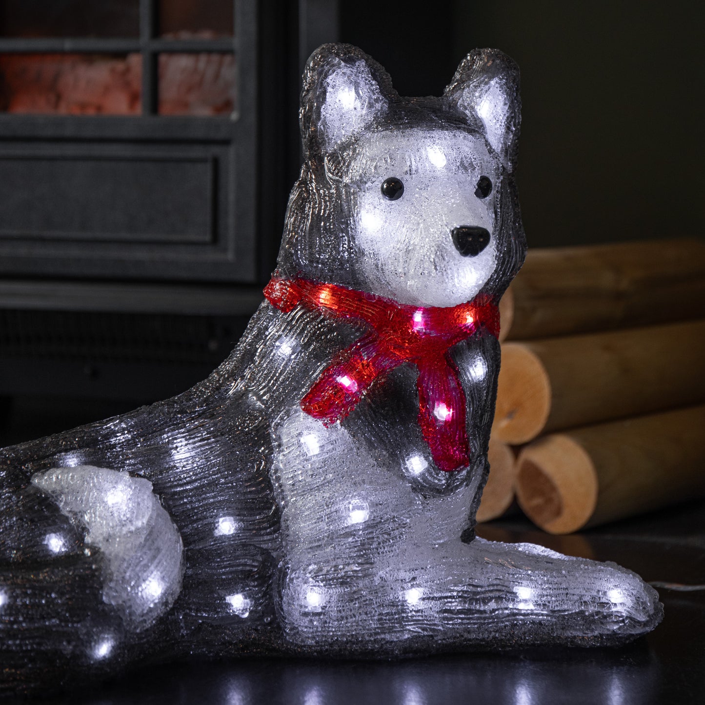 28cm Light up Acrylic Christmas Husky with Red Scarf Decoration and White LEDs