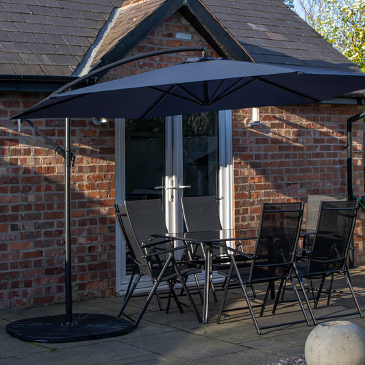 Outdoor 6 Person Rectangular Glass Top Garden Dining Table Chairs With Blue Banana Parasol and Base Set