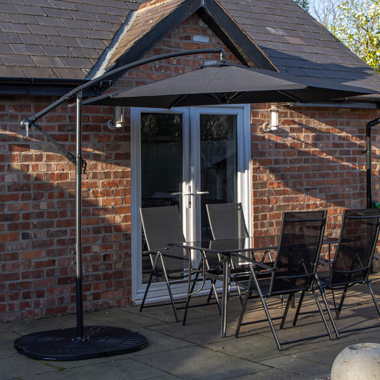 Outdoor 4 Person Rectangular Glass Top Garden Dining Table Chairs With Black Banana Parasol and Base
