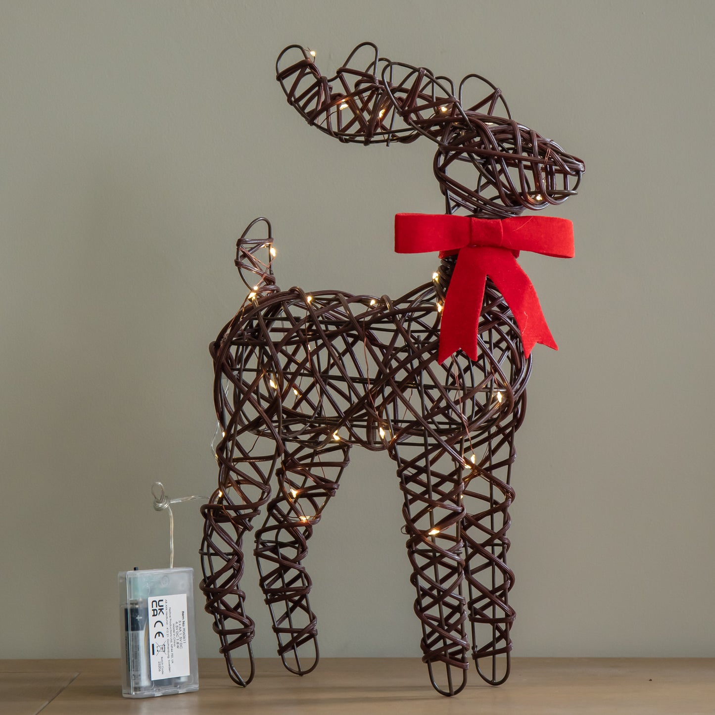 40cm Battery Operated Light up Christmas Reindeer with Red Bow & 30 Warm White LEDs