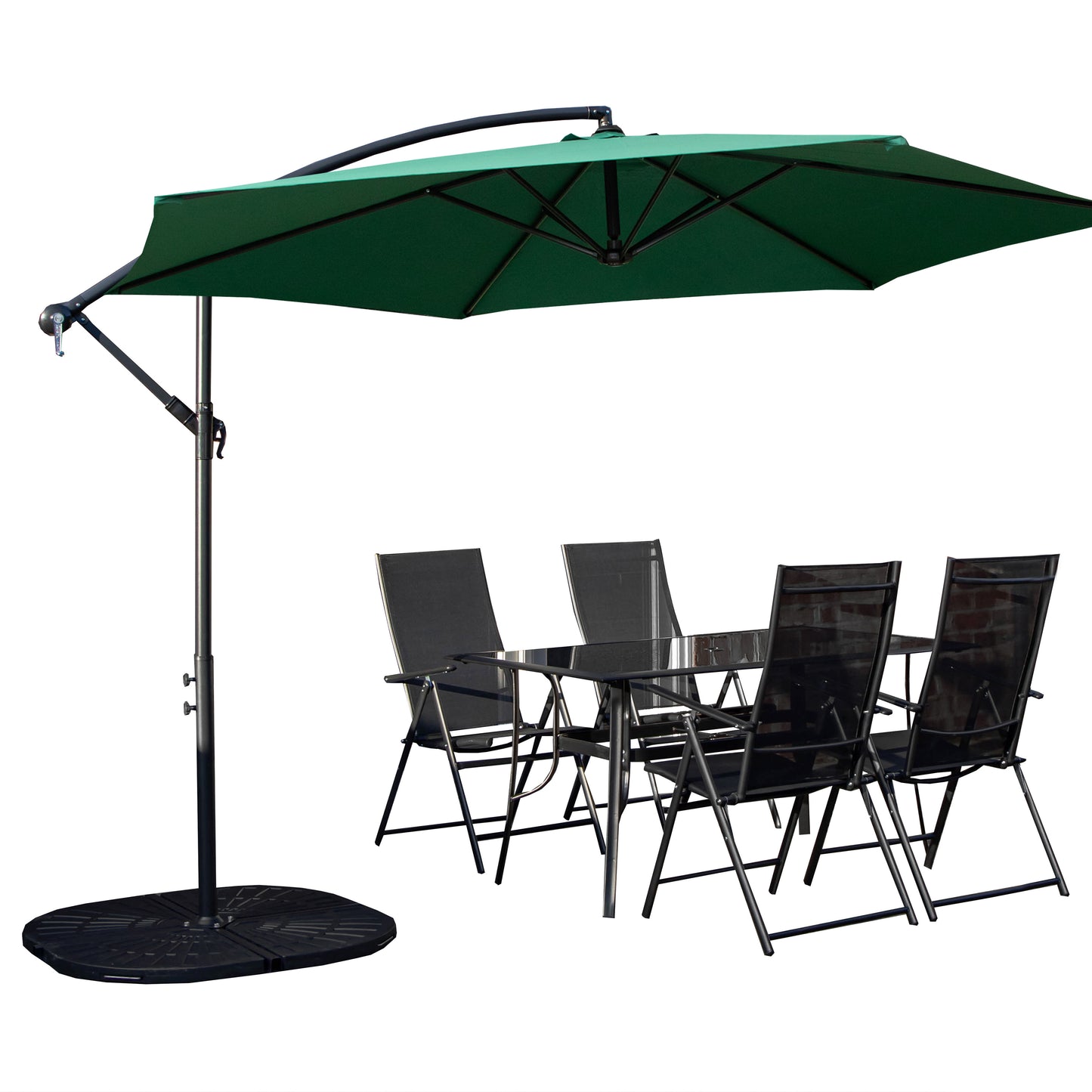 Outdoor 4 Person Rectangular Glass Top Garden Dining Table Chairs With Green Banana Parasol and Base Set