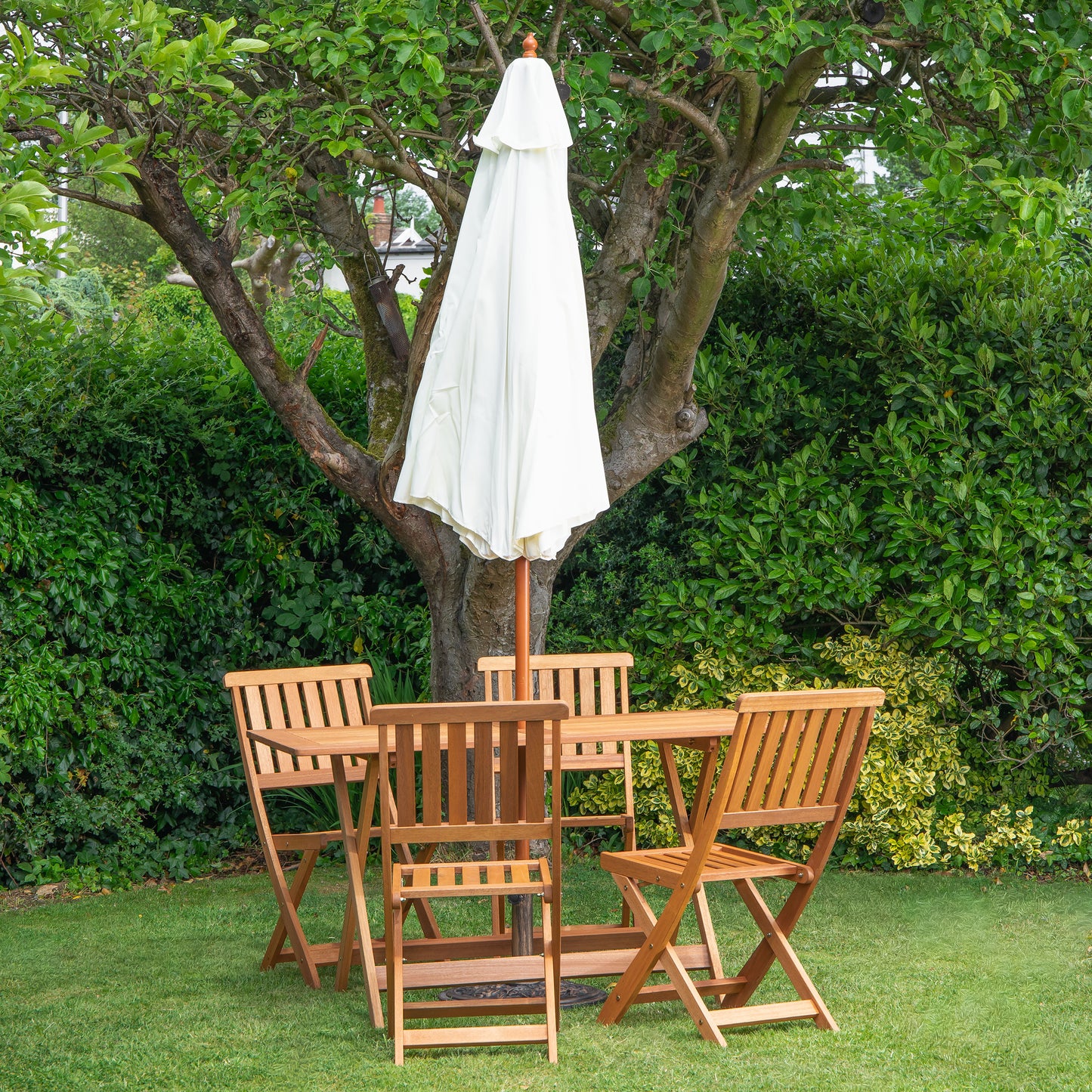 Outdoor 4 Person Folding Rectangular Wooden Garden Dining Table Chairs Cream Parasol and Base Set