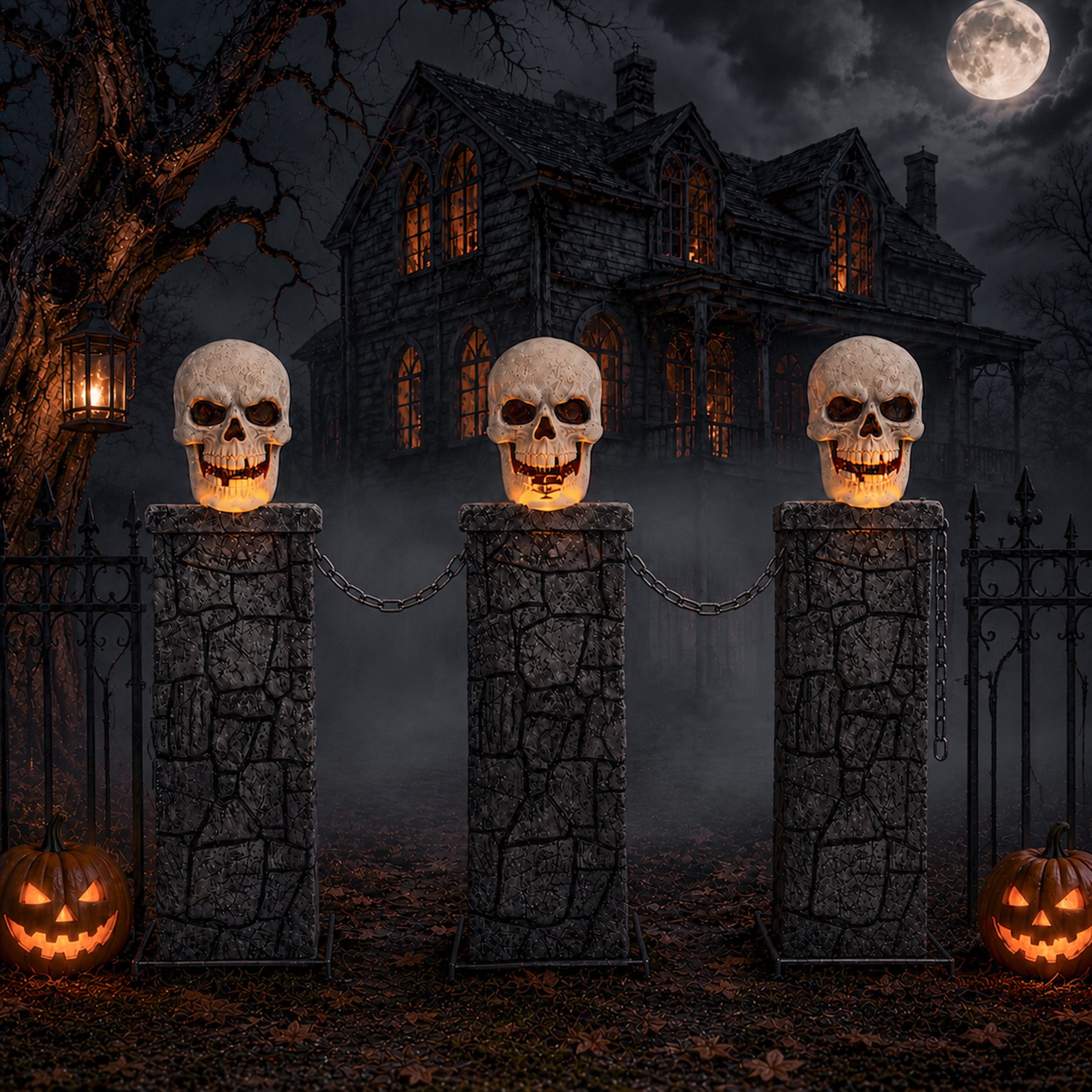 90cm x 1.2m Battery Powered Light Up Halloween Skull Fence with LEDs
