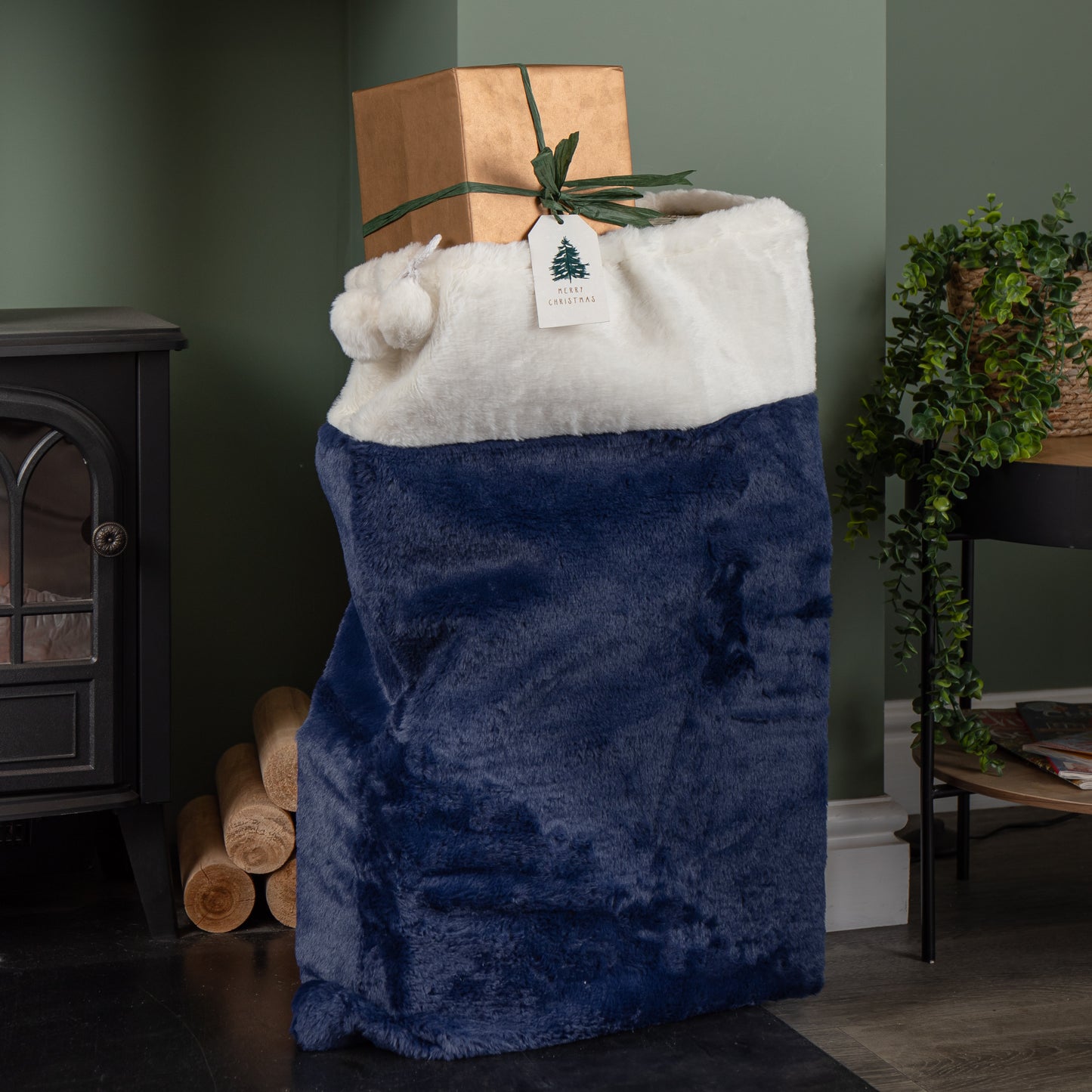 80 x 55cm Blue Soft Plush Christmas Sack with White Faux Fur Trim and Pom Poms