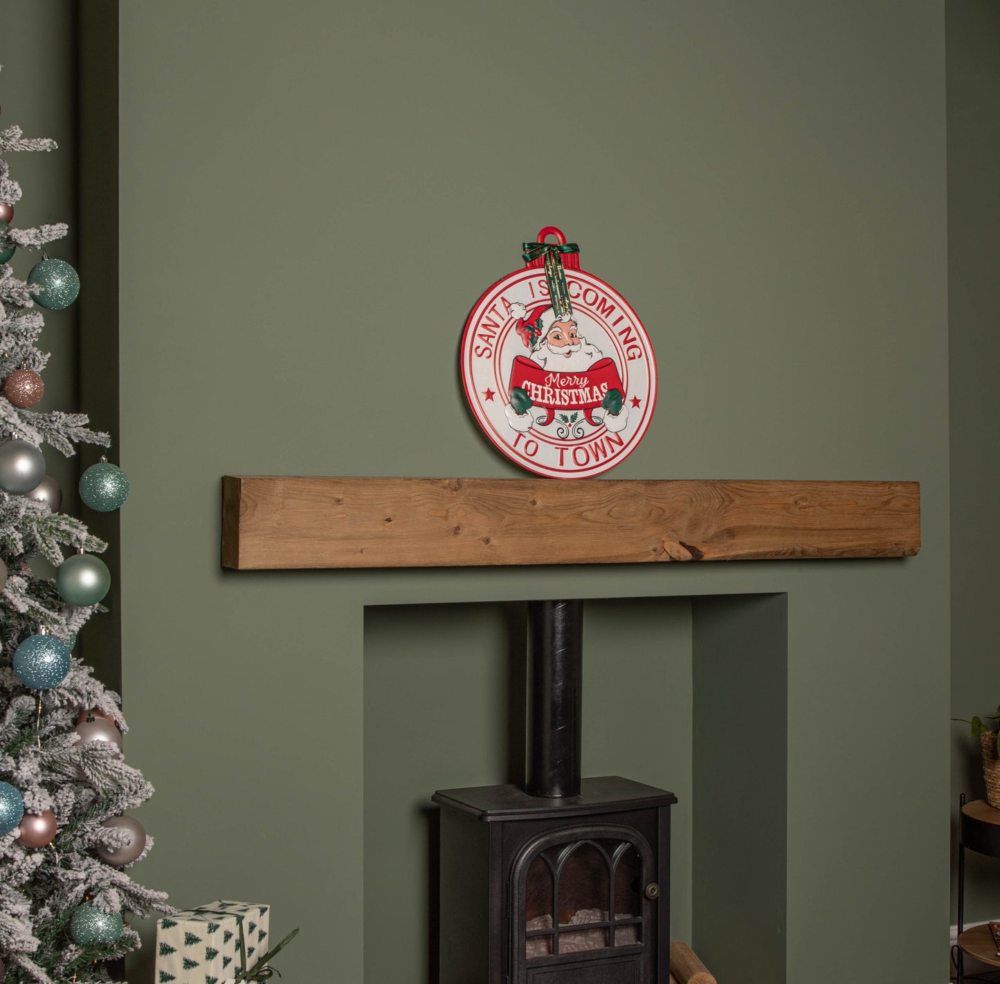 47cm Round Metal Santa is Coming to Town Sign - Red & White