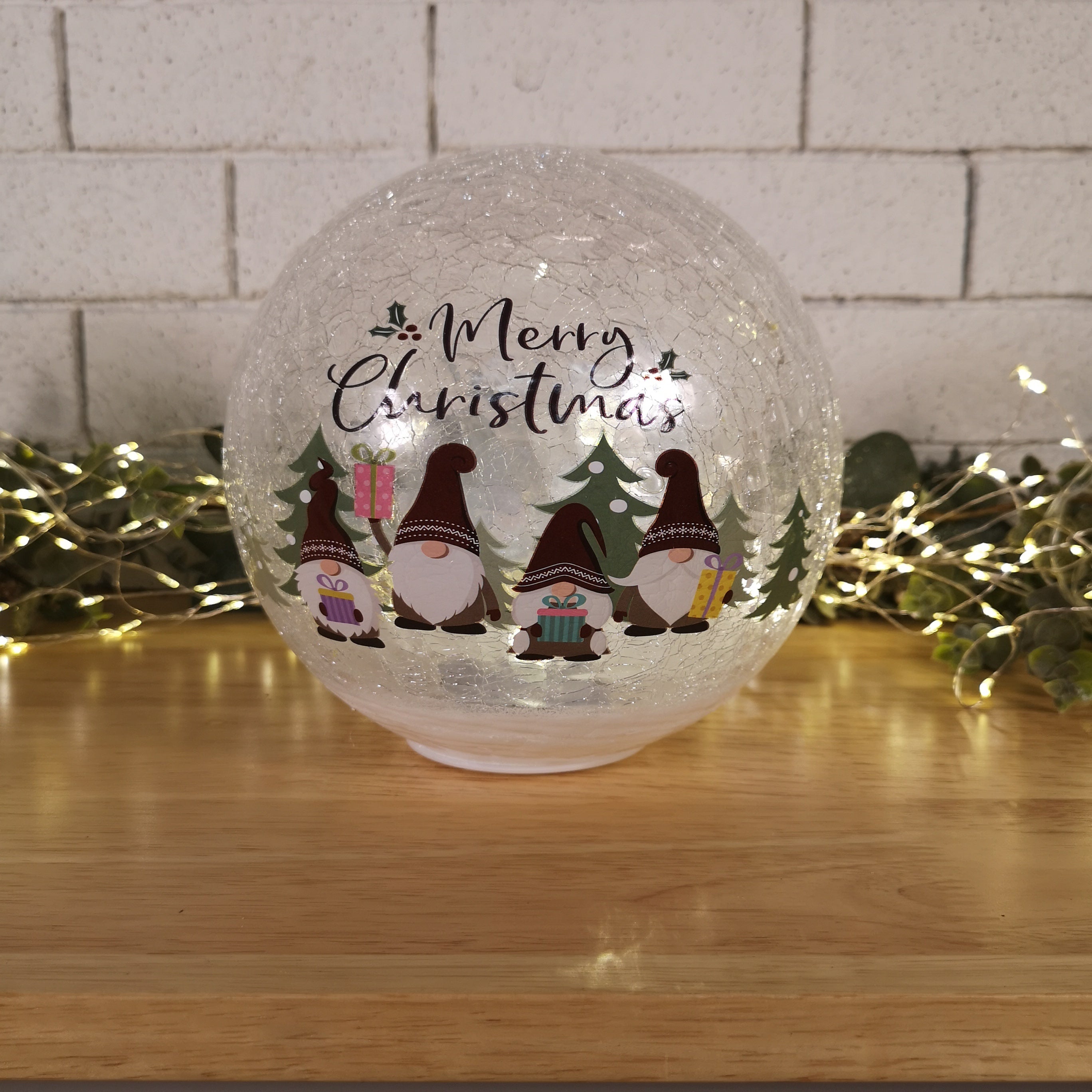 20cm Battery Operated Twinkling Warm White LED Crackle Effect Ball Christmas Decoration with Gonks
