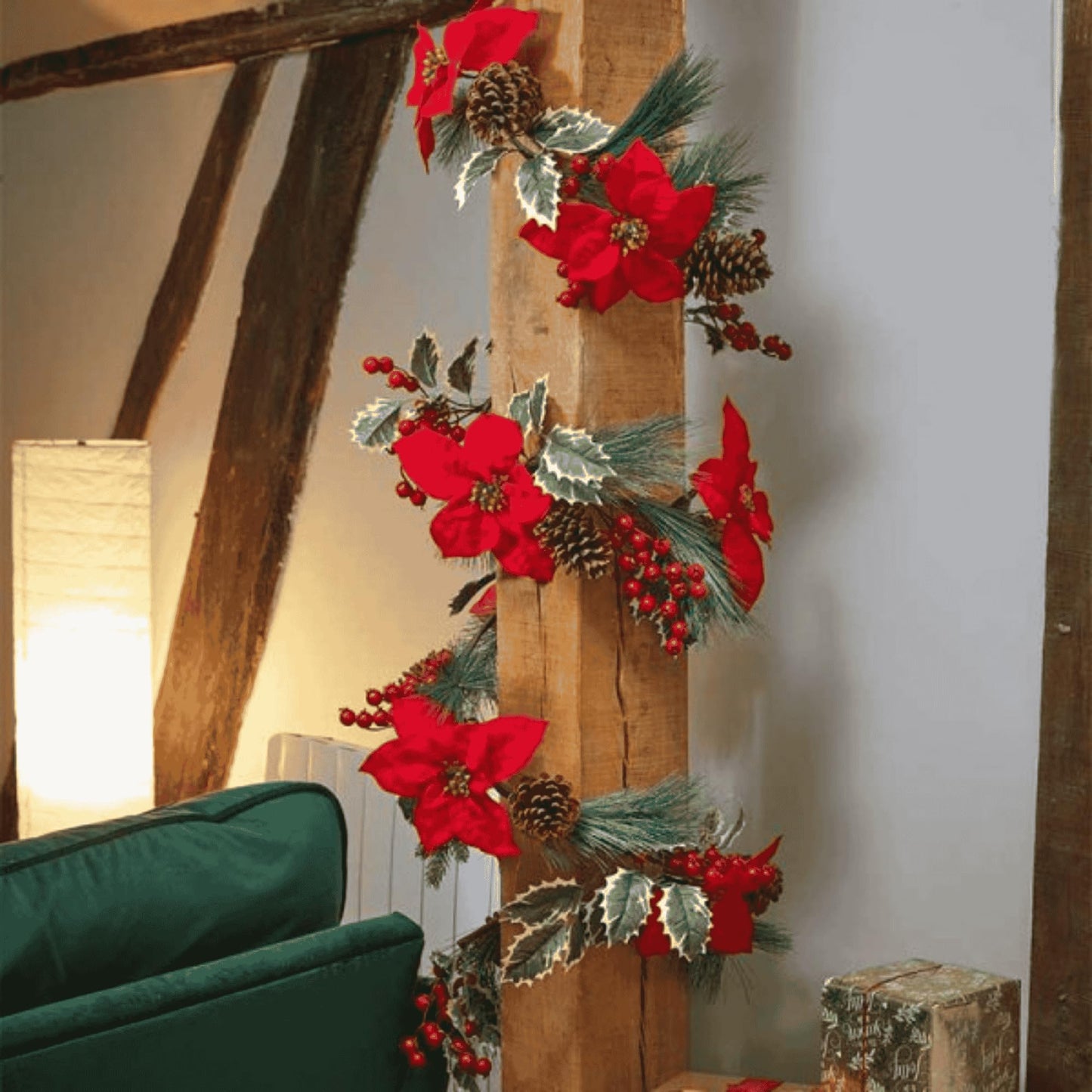 1.8m Red and Green Christmas Poinsettia Garland with Pinecones & Seasonal Foliage