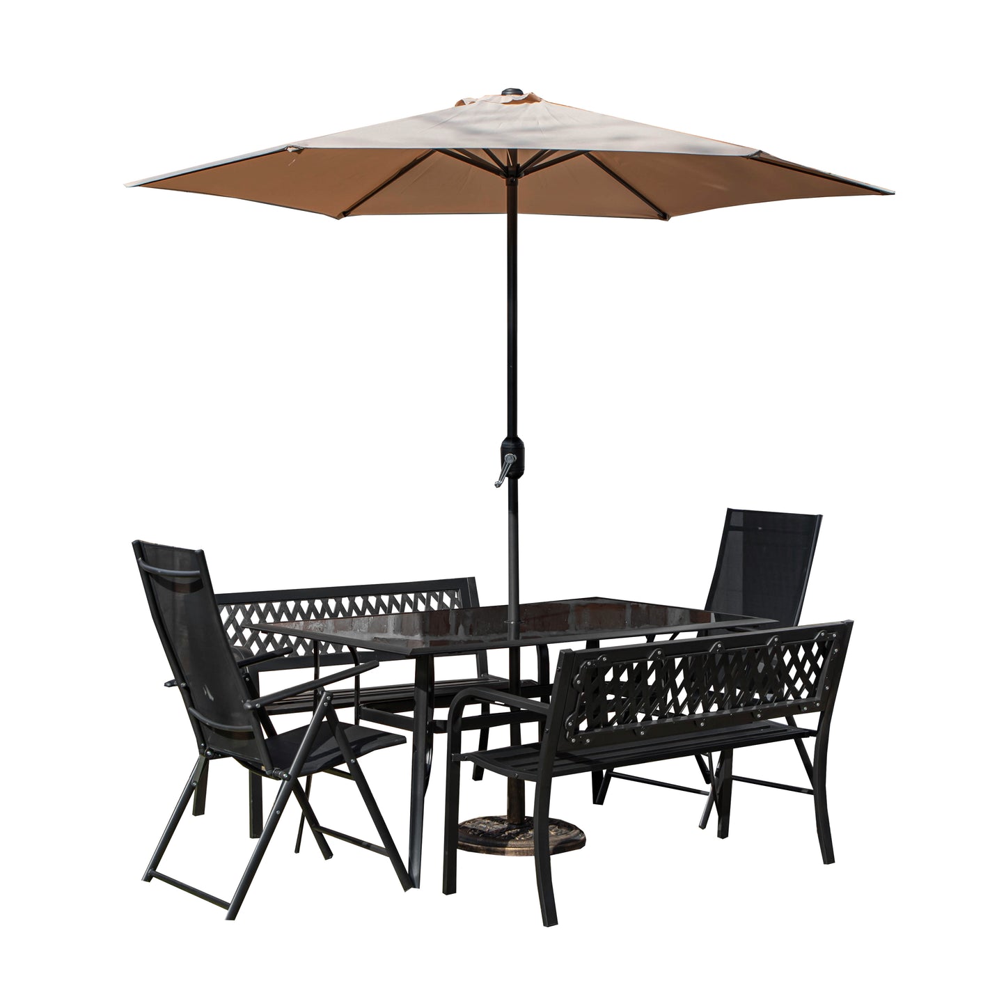 Outdoor 6 Person Rectangular Glass Top Garden Dining Table Benches & Chairs With Beige Havana Parasol and Base Set