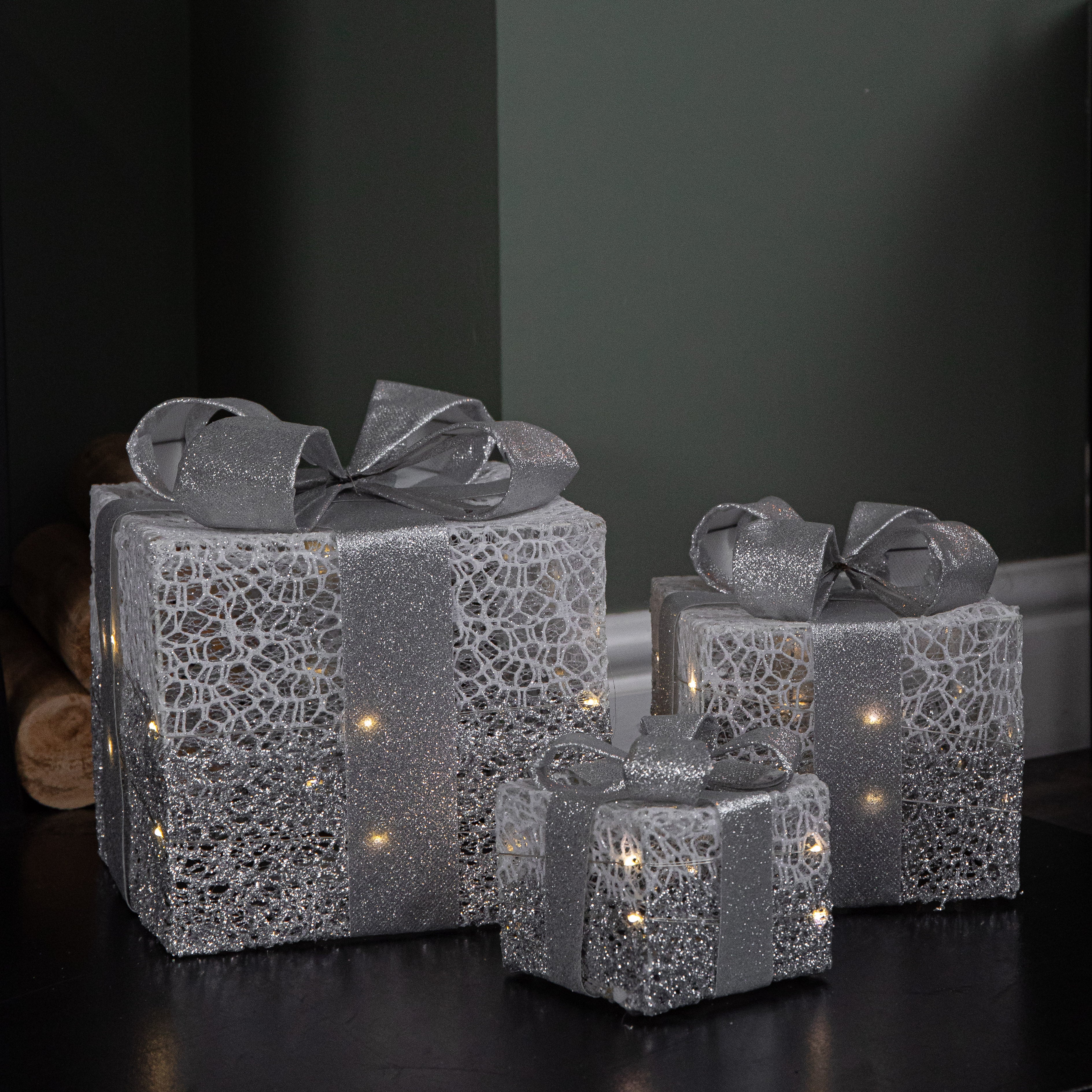 Set of 3 Battery Operated Silver Sparkly Christmas Gift Boxes with LEDs