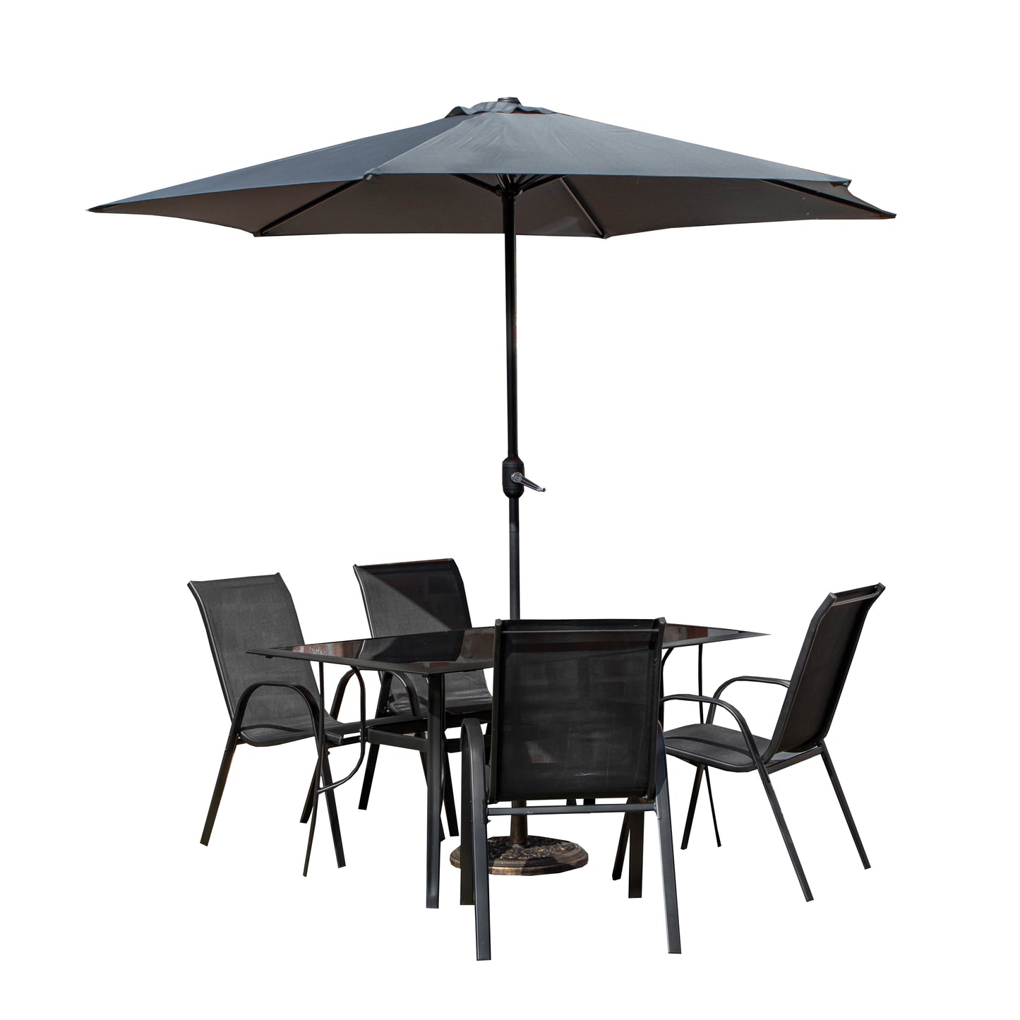 Outdoor 4 Person Rectangular Glass Top Garden Dining Table Chairs With Grey Parasol and Base Set