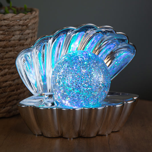 18cm Dual Powered Clam Shell Christmas Water Spinner with Colour Changing LEDs in Silver Chrome