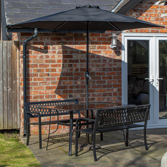 Outdoor 4 Person Rectangular Glass Top Garden Dining Table Benches With Black Havana Parasol and Base Set