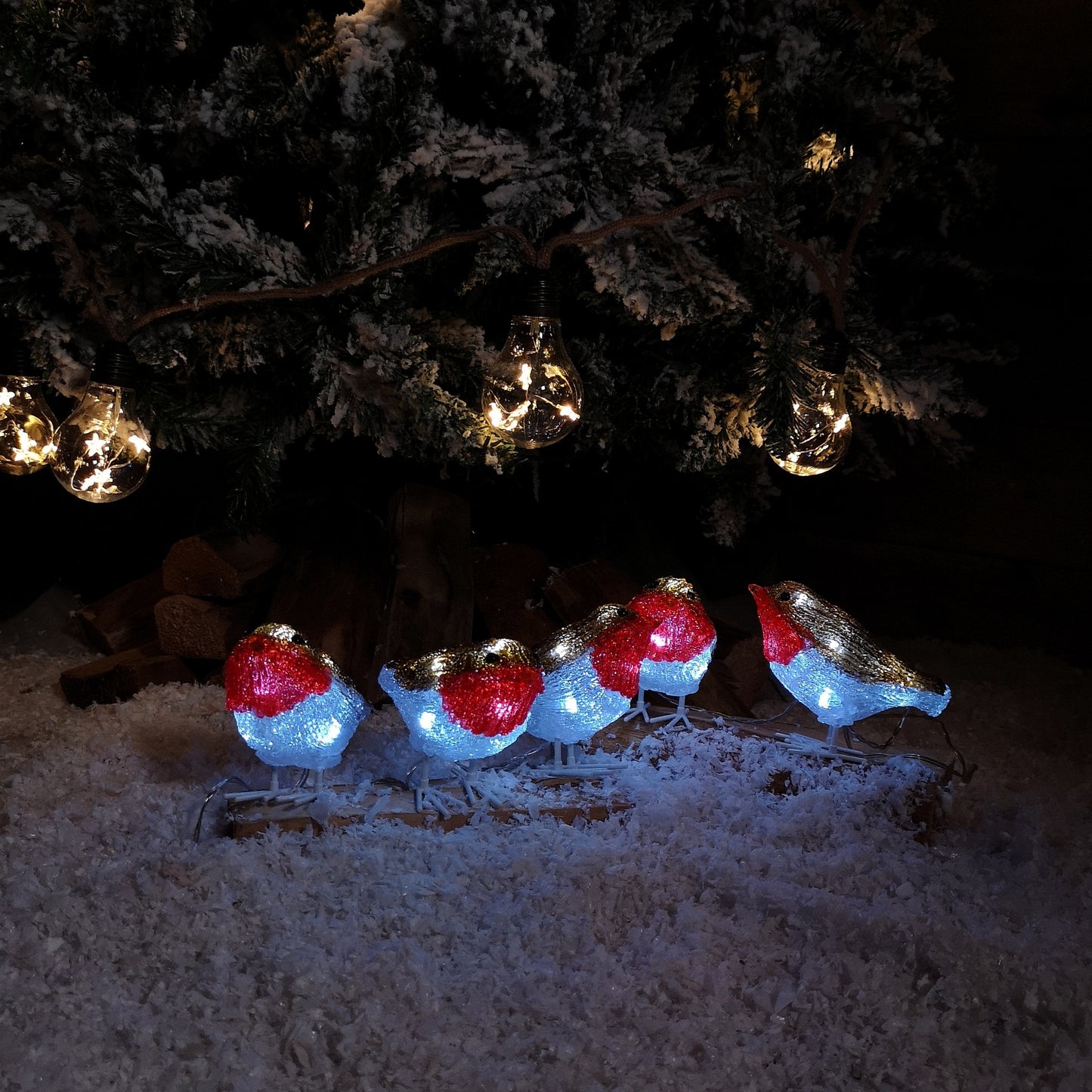 Set of 5 Christmas Acrylic Festive Light Up Robins 10cm Tall Indoor or Outdoor use