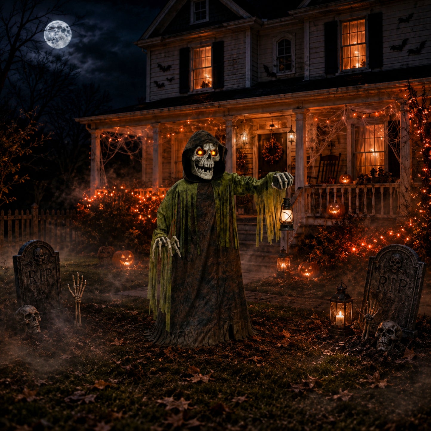 1.47m Tall Light up Corroded Rise Up Reaper Skeleton Halloween Animatronic Decoration