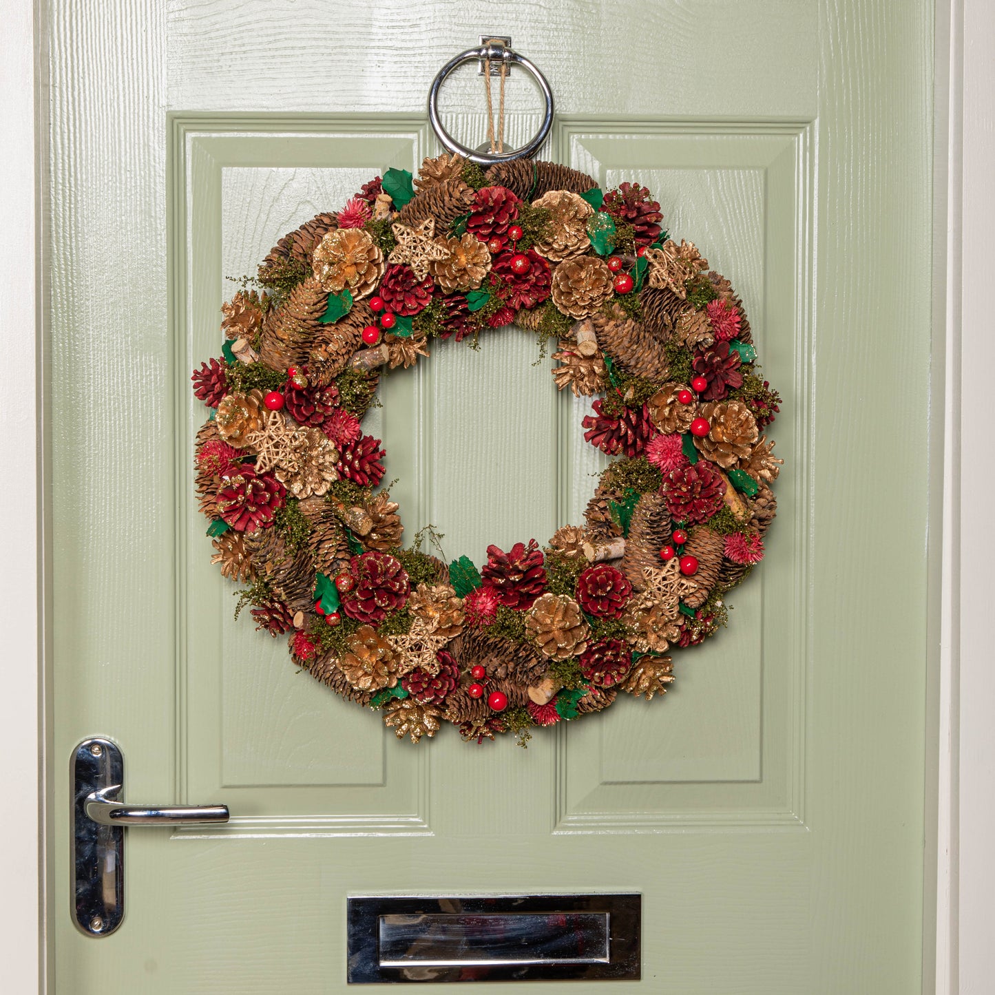 50cm Red Hanging Christmas Wreath with Red Berries and Pinecones 