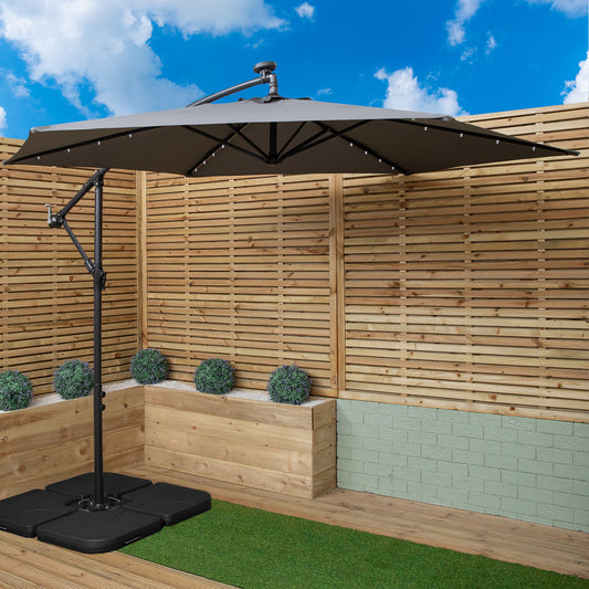 3m Solar Powered Lit Banana Cantilever Garden Parasol with LEDs & Base Weights Included in Grey