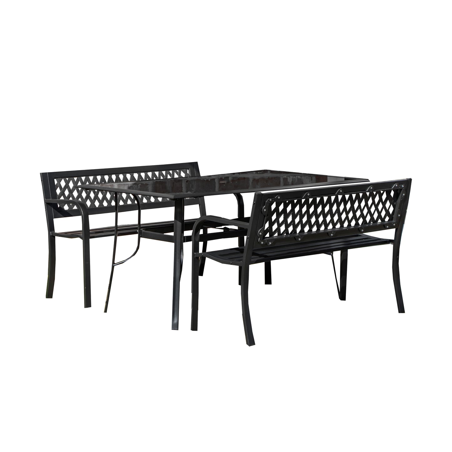 Outdoor 4 Person Rectangular Glass Top Garden Dining Table and 2 Benches Set