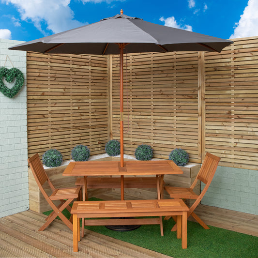 Outdoor 6 Person Rectangular Wooden Garden Dining Table, 2 Benches, Chairs with Grey Parasol and Base Set