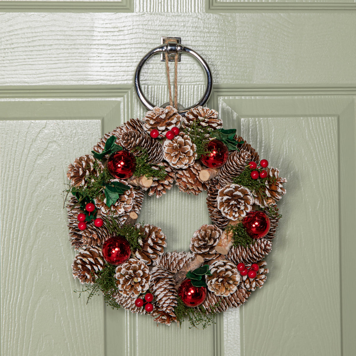 30cm Hanging Christmas YuleFest Wreath with Red Baubles & Snow Tipped Pine Cones