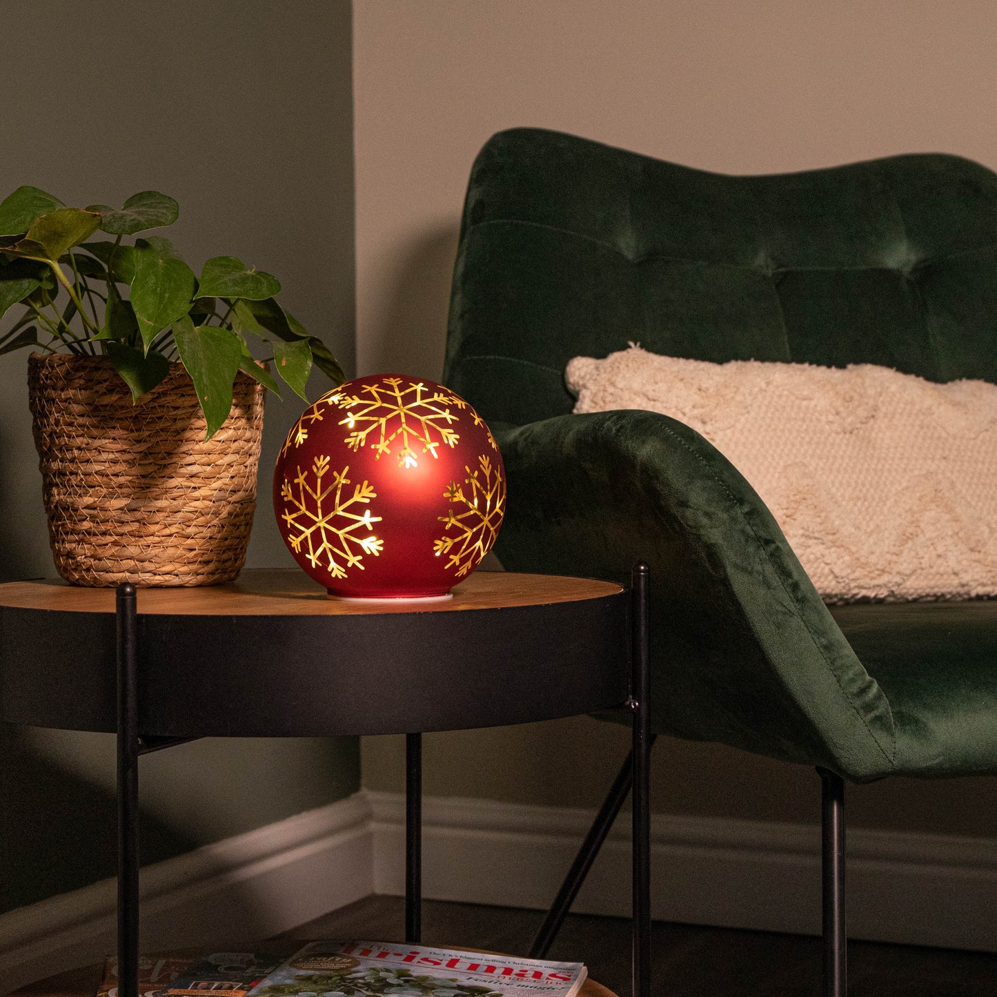 15cm Battery Operated Light up Snowflake Glass Ball in Red with Warm White LEDs